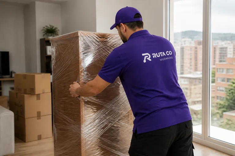 Operario de Ruta Co. embalando cuidadosamente un mueble durante una mudanza en Bogotá