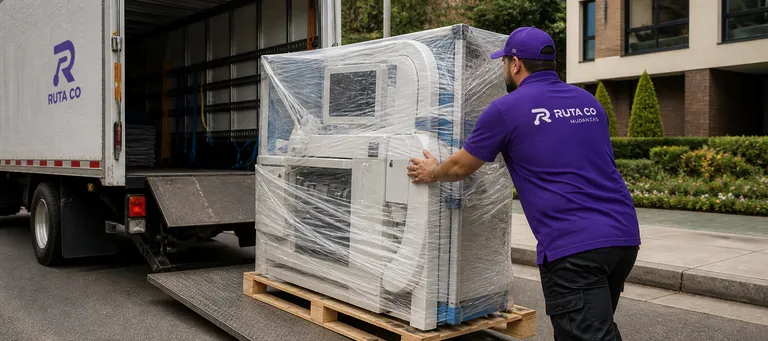 Operario de Ruta Co. cargando equipo médico protegido para transporte especializado